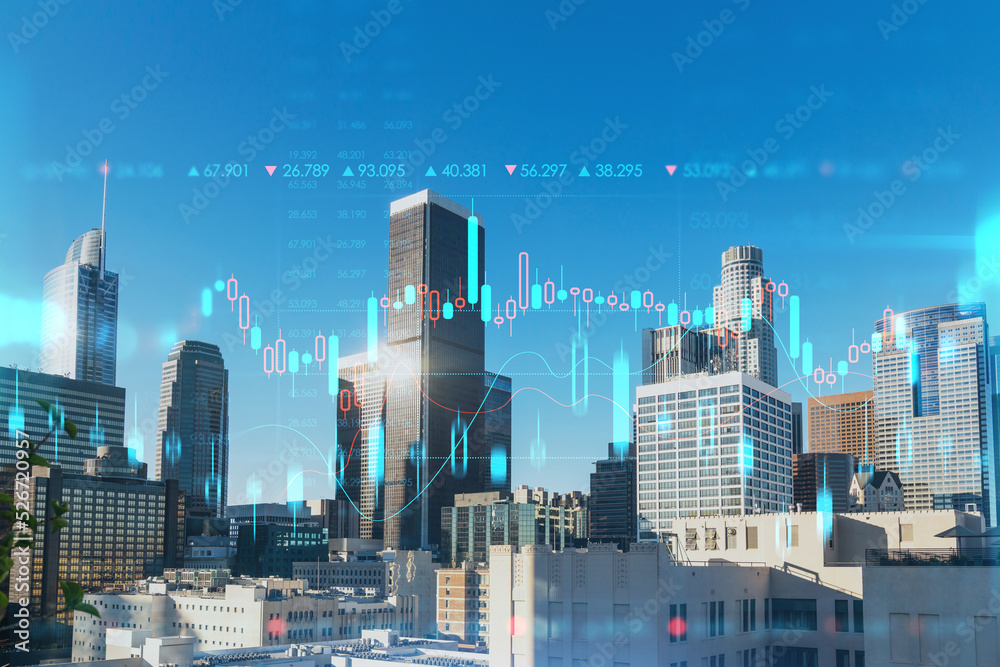 Fototapeta premium Panorama cityscape of Los Angeles downtown at day time, California, USA. Skyscrapers of LA city. Glowing forex graph hologram. The concept of internet trading, brokerage and fundamental analysis