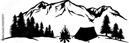 Landscape - camping in mountains (tourist tent and campfire, travel design). Png Illustration.
