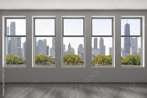 Downtown Chicago City Skyline Buildings from High Rise Window. Beautiful Expensive Real Estate overlooking. Epmty room Interior Skyscrapers View in Penthouse Cityscape. Day time. 3d rendering.