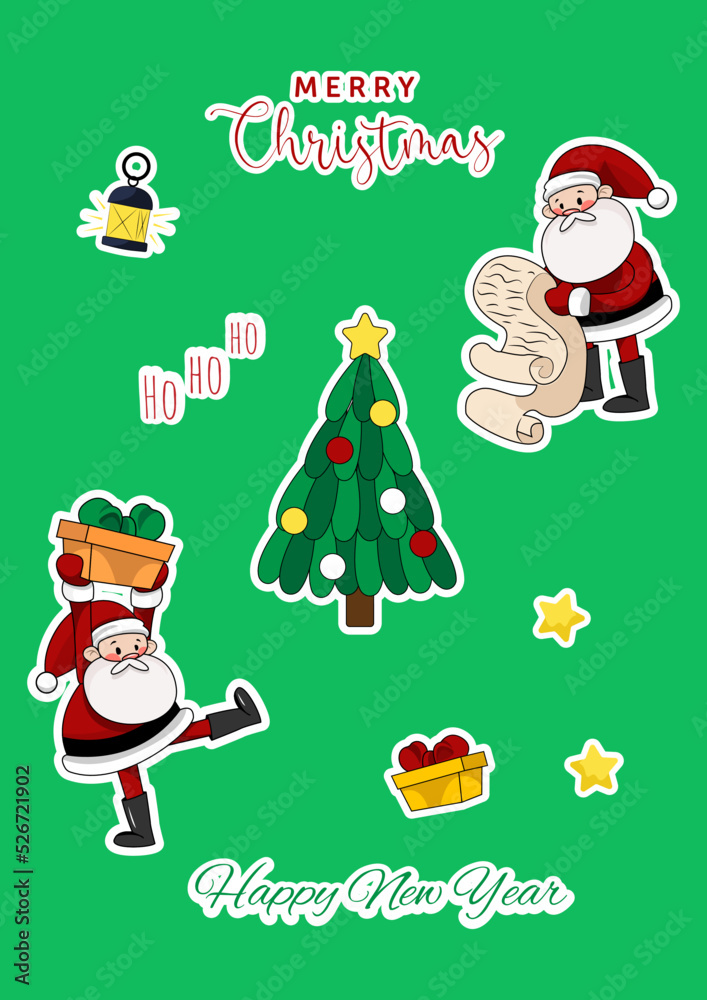 Vectot collection of stickers merry christmas and happy new year with santa claus christmas tree on green background. Printable template a4