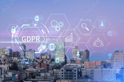 Panoramic cityscape view of San Francisco Nob hill area, sunset, midtown skyline, California, United States. GDPR hologram, concept of data protection regulation and privacy for all individuals