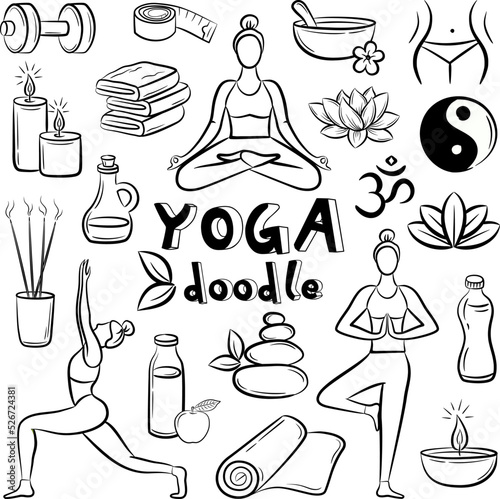 Hand drawn yoga vector doodle set. Colorful vector illustration for your design on white background
