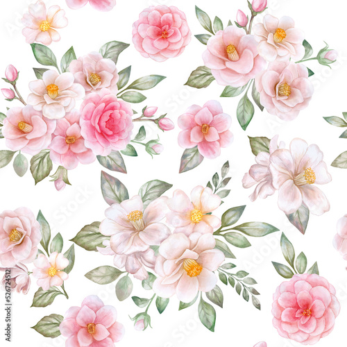 camellia, roses floral seamless pattern, pink, white flowers with leaves, vignette isolated on white background. Bouquet. Templates. Watercolor. Illustration. Hand drawing. Greeting card design. © Yuliia