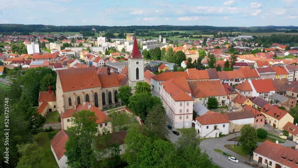 Blatna town near Strakonice, Southern Bohemia, Czech Republic. Aerial view of medieval Blatna town surrounded parks and lakes, Blatna, South Bohemian Region, Czech Republic. Blatna town near Strakonice, Southern Bohemia, Czech Republic. Aerial view of medieval Blatna town surrounded parks and lakes, Blatna, South Bohemian Region, Czech Republic.