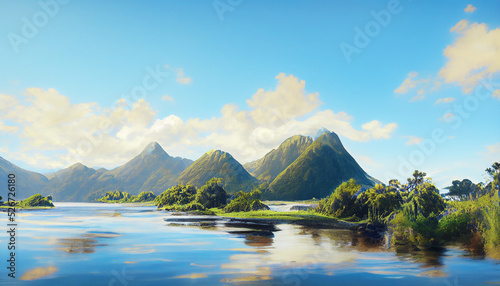Picturesque landscape with mountains and lake. AI