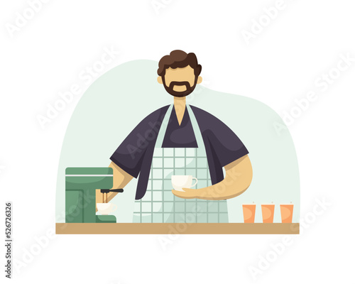 Vector illustration of a male barista with a cup of coffee at the bar. Flat style