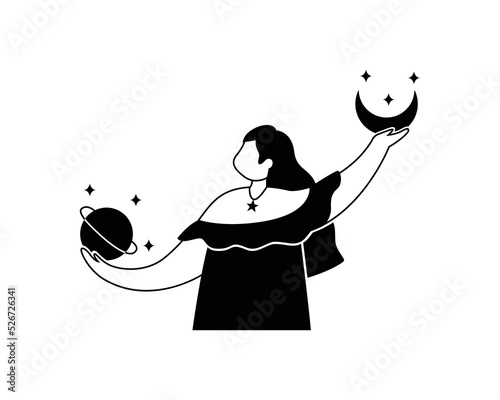 Vector illustration of an astrologer girl. A mystical profession. Outline