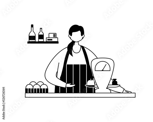 Vector illustration of a saleswoman behind a counter with products and scales. Outline
