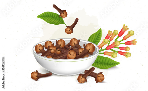 Dried herb Cloves vector illustration with cloves plant and green leaf