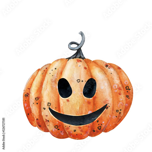 Pumpkin with a kind face, Halloween element, watercolor  on PNG transparent background