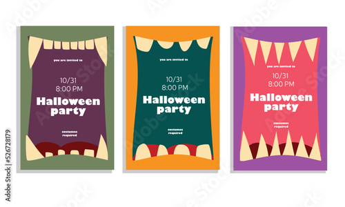 Invite card with monster open mouth for Halloween. Minimal scary vector illustration with vampire teeth