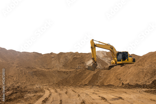 Fotografía Loader backhoe parked there on the mountain, which has a large pile of sand in the wheel tracks below