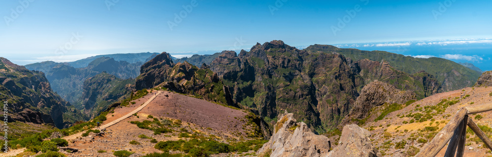 Panoramic on the trail for trekking in the mountains at Pico do Arieiro, Madeira. Portugal