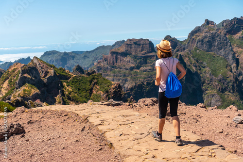 A tourist on the trekking trail at Pico do Arieiro, Madeira. Portugal