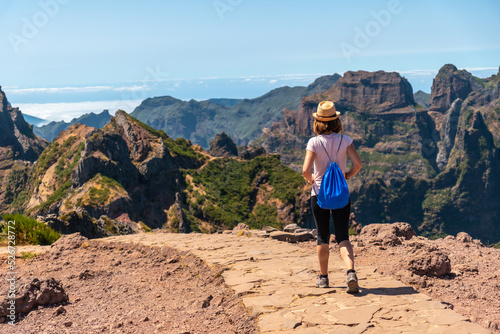 A tourist on the trekking trail at Pico do Arieiro, Madeira. Portugal