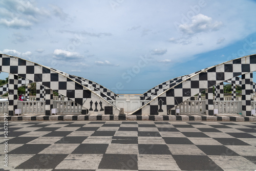 The Chennai Napier Bridge has been transformed into a chessboard in preparation for the 44th Chess Olympiad 2022.Napier Bridge has the look of a chess board. photo