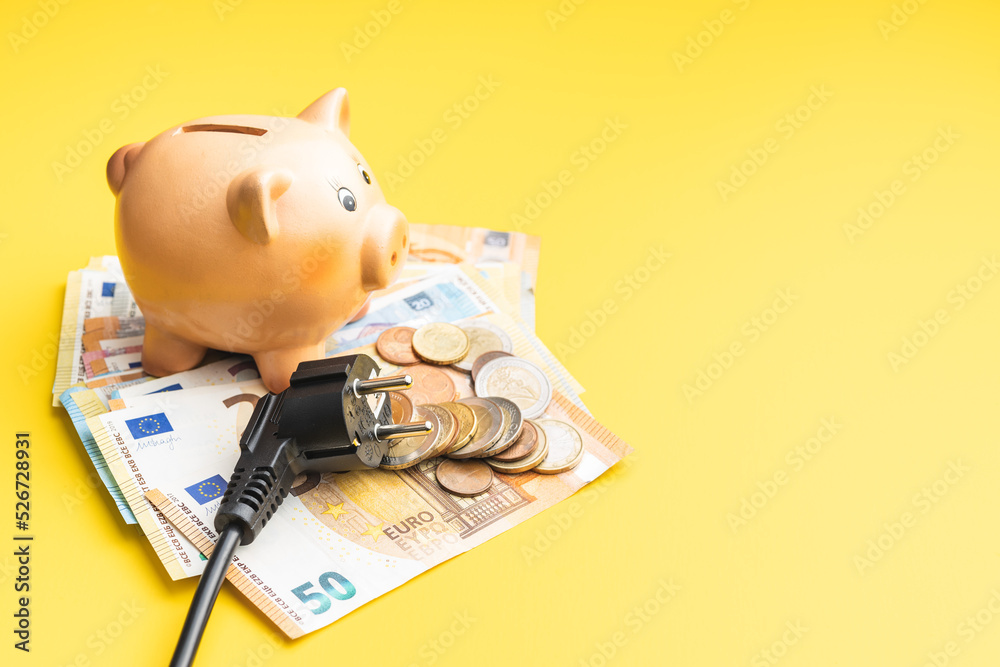 Electric plug, piggy bank and euro money. Concept of increasing electricity  prices. foto de Stock | Adobe Stock