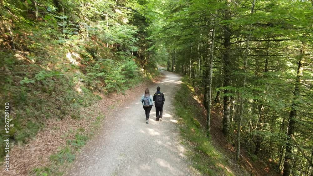 Young couple walking on forest path. Couple in love explore nature - Dolly Shot Young couple walking on forest path. Couple in love explore nature - Dolly Shot