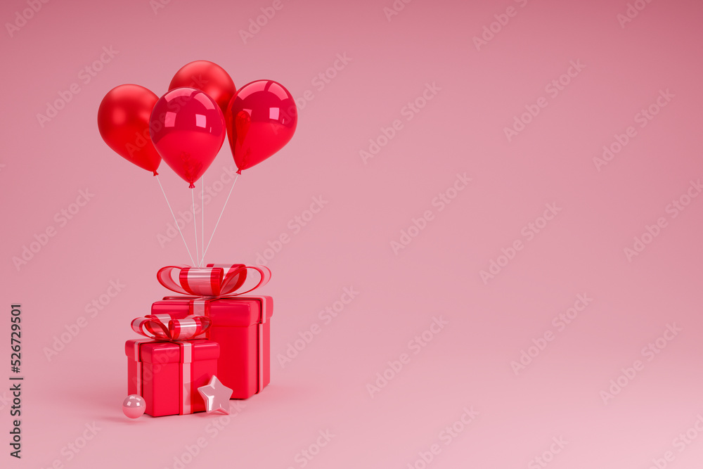 mock up ballon with giftbox,helium balloons,gift box.Realistic decorative design elements.pink,coral color.Poster,banner happy anniversary.Christmas,Valentie,Festive background.3D render illustration.