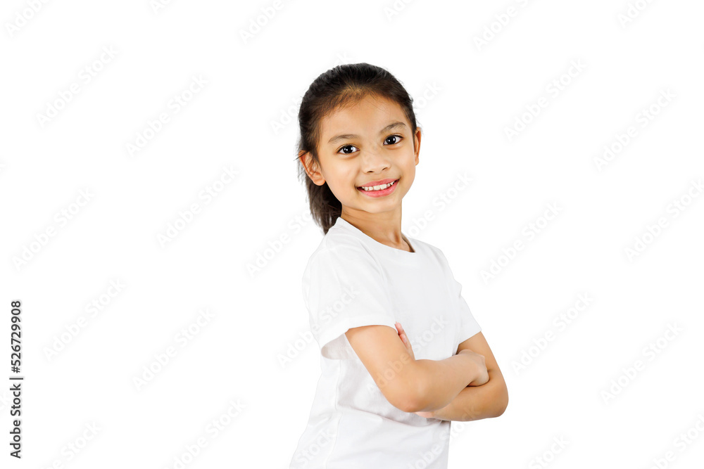 Young Asian girl standing with folded arms and smiling isolated on white background with clipping path. Young Asian girl standing with folded arms and smiling isolated on white background with clipping path.