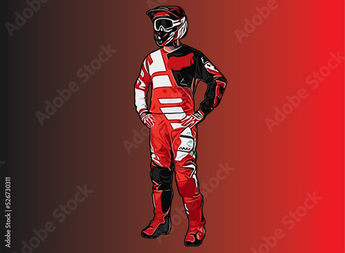 motocross player in dark red clothes facing forward and backward