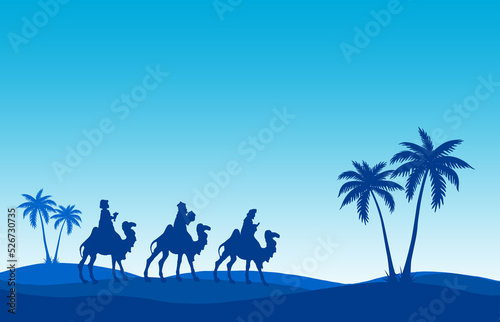 Three Wise Men travel in the desert. Greeting card background.