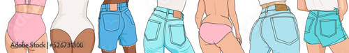Illustrations of  different shape of women bums, different skin colors wearing jeans shorts and bikinis photo