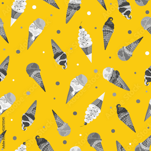 Cute Ice cream waffle cone vector seamless pattern on yellow background. Black and white Summer frozen dessert illustration or web, site, advertising, banner, poster, board and print