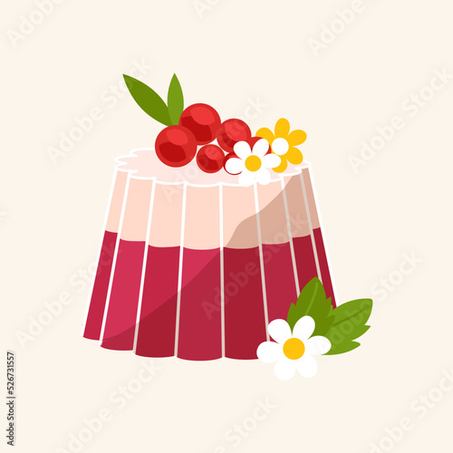 Panna Cotta dessert with fruit isolated on white background, Sweet food flat illustration