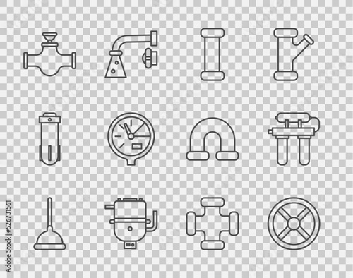 Set line Rubber plunger, Industry valve, metallic pipe, Electric boiler for heating water, and, Water meter, and filter icon. Vector