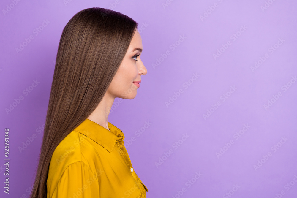 Profile photo of hr young lady look promo wear shirt isolated on purple color background