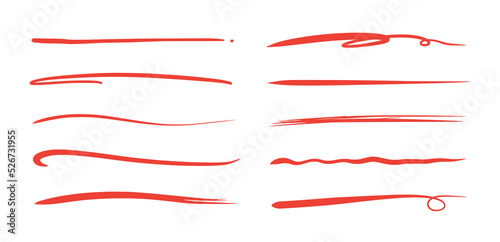 Red brush stroke underline. Marker pen highlight stroke. Vector swoosh brush underline set for accent, marker emphasis element..