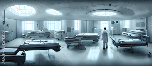 Artistic concept painting of a beautiful sci-fi futuristic hospital, with few peoples in the background. Tender and dreamy design, background illustration. © 4K_Heaven