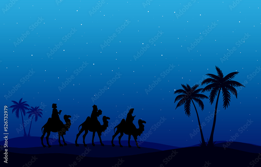 Three Wise Men travel on blue background