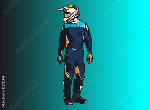 motocross player dressed in dark blue facing forward and back