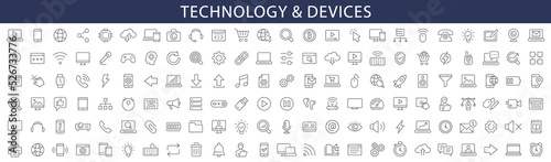 Technology and Device thin line icons set. Web icons. Computer, Smartphone, Tablet, Mail, Search, Tablet, Cloud, Media icon. Vector illustration