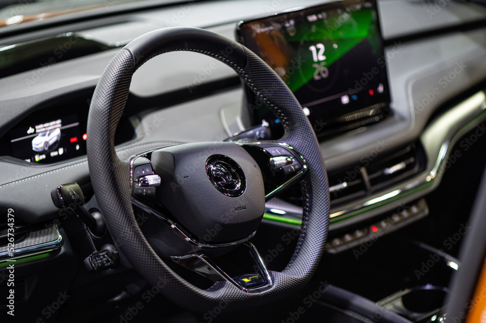 Skoda Enyaq Coupe IV electric SUV steering wheel and instrument panel