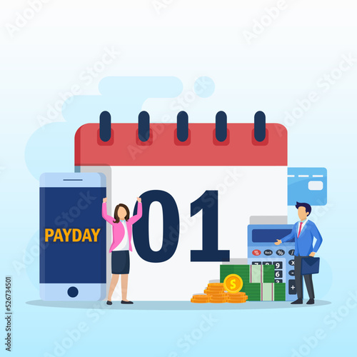 Payday vector concept. business people feeling happy while getting money and standing with calendar and alarm clock