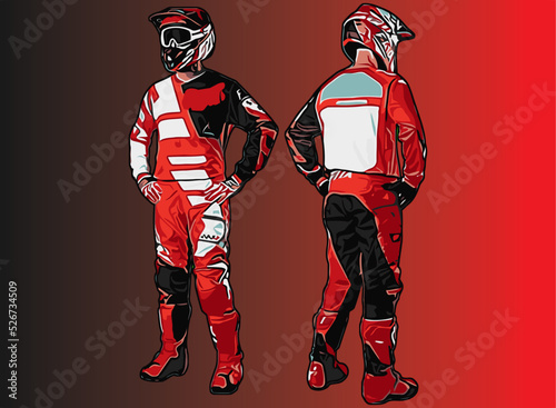 motocross player in dark red clothes facing forward and backward