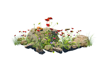 Small garden consists of stone bush and flowers with isolated background