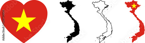 Vietnam Map Flag with heart. Vietnamese outline black silhouette set