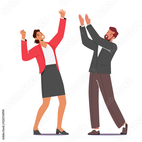 Cheerful Colleagues Office Employees Rejoice. Happy Male and Female Character in Uniform Laugh with Raised Hands