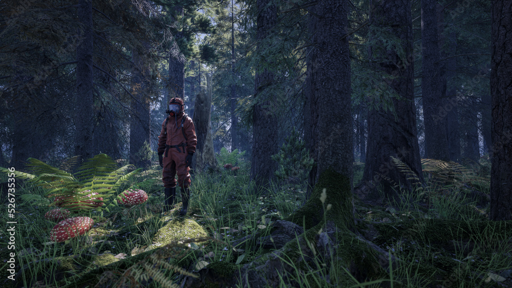 Obraz premium A man wear protective toxic mask in the jungle. Future earth environment pollution concept. 3d rendering