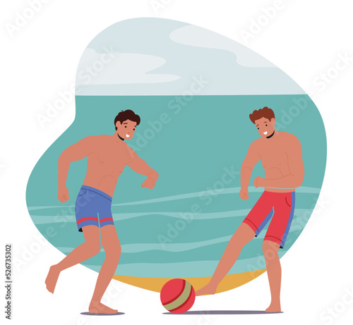 Men in Swimming Shorts Playing Ball on Summer Beach. Young Sporty Male Characters Friends or Brothers Fun