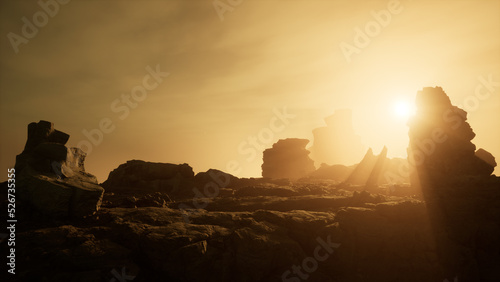 Planet Iceland Mars at sunset, the surface of Mars, canyons on Mars, 3D rendering. 3d rendering