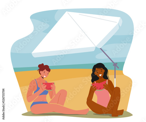 Girl Characters Relax on Seaside Resort. Young Women Eating Watermelon and Lounge under Umbrella Hiding from Sun Rays