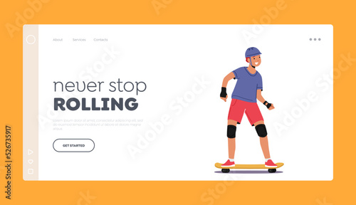 Skateboarding Sport Landing Page Template. Urban Culture and Children Activity on Street. Preteen Boy in Skate Park