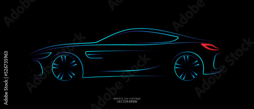 Modern sport coupe car sketch line silhouette blue and green light isolated on black background in side view. Vector illustration in concept technology electric car, self drive car