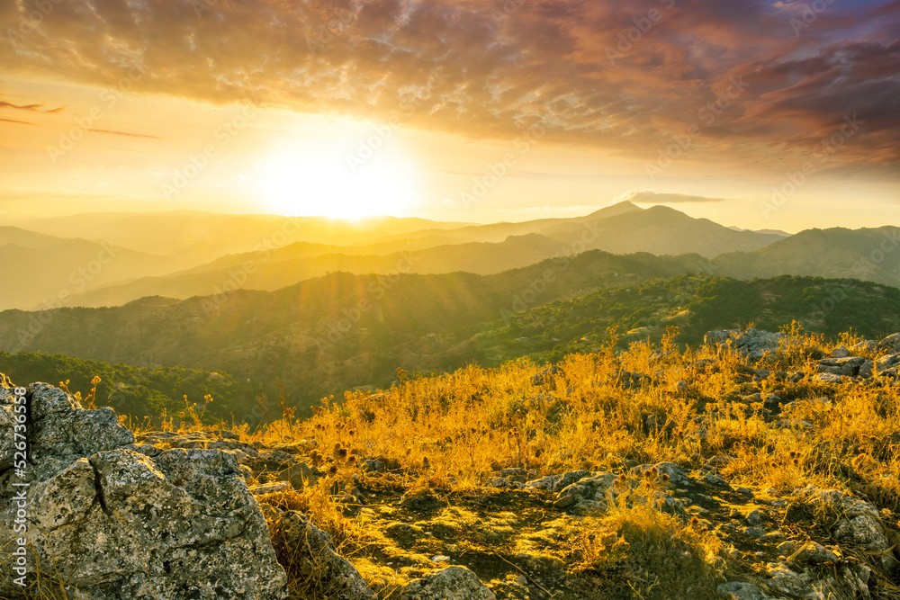 Mountain valley during sunset or sunrise. Rocks and slopes covered with green trees with amazing cloudy sunny sky on background.