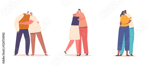 Happy Men and Women Embracing and Hugging. Loving Aged and Young Couples Hug, Romantic Relations, Strong Family Concept